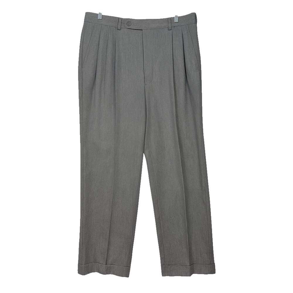 Mens 34x28 Gray Pleated Cuffed Dress Pants Relaxed Straight Career Custom Cut - Picture 1 of 10